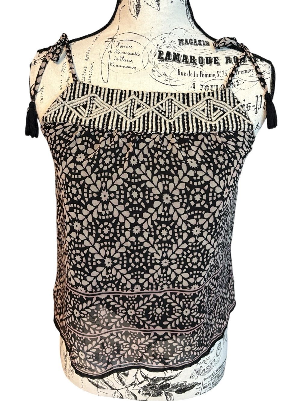 American Eagle Embroidered Tank Tassel Tie Straps Black and Cream Size XS